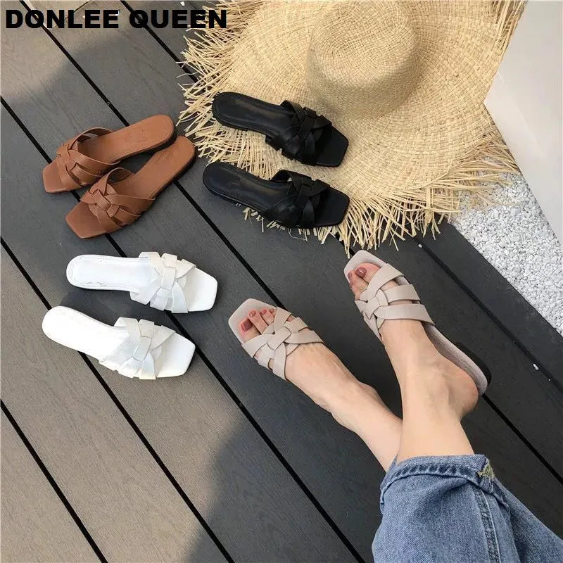 DONLEE QUEEN Frauen Marke Hausschuhe Sommer Slides Offene Zehe Flach Casual Schuhe Freizeit Sandale Weiblich Strand Flip Flops Große Größe 35-41