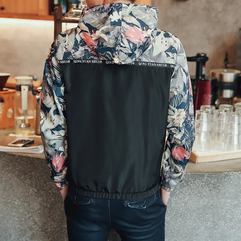 Windbreaker Jackets Mens Hooded Jacket Sportswear Bomber Jacket Fashion Light Weight Flowers Casual Mens jackets Coats Outwear