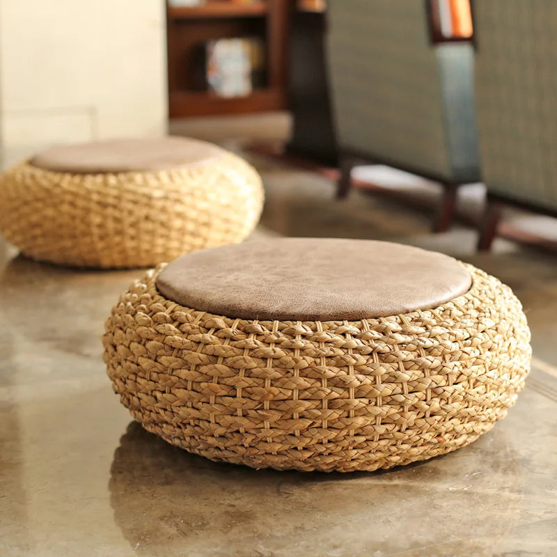 Modern Knitted Round Pouf Ottoman Stool W/PU Leather Seat Pad Floor Yoga Meditation Cushion Straw Rusitc Tatami Pouf Furniture
