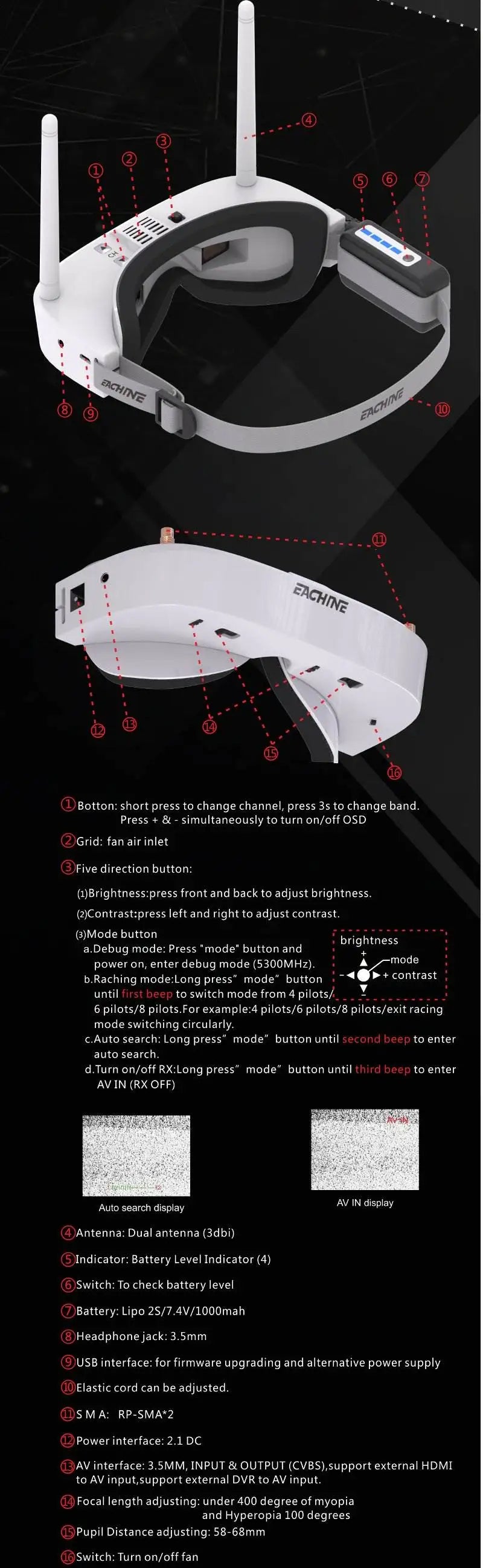 FPV-Brille 2025 - Eachine EV100 720*540 5.8G 72CH für RC-Drohnen