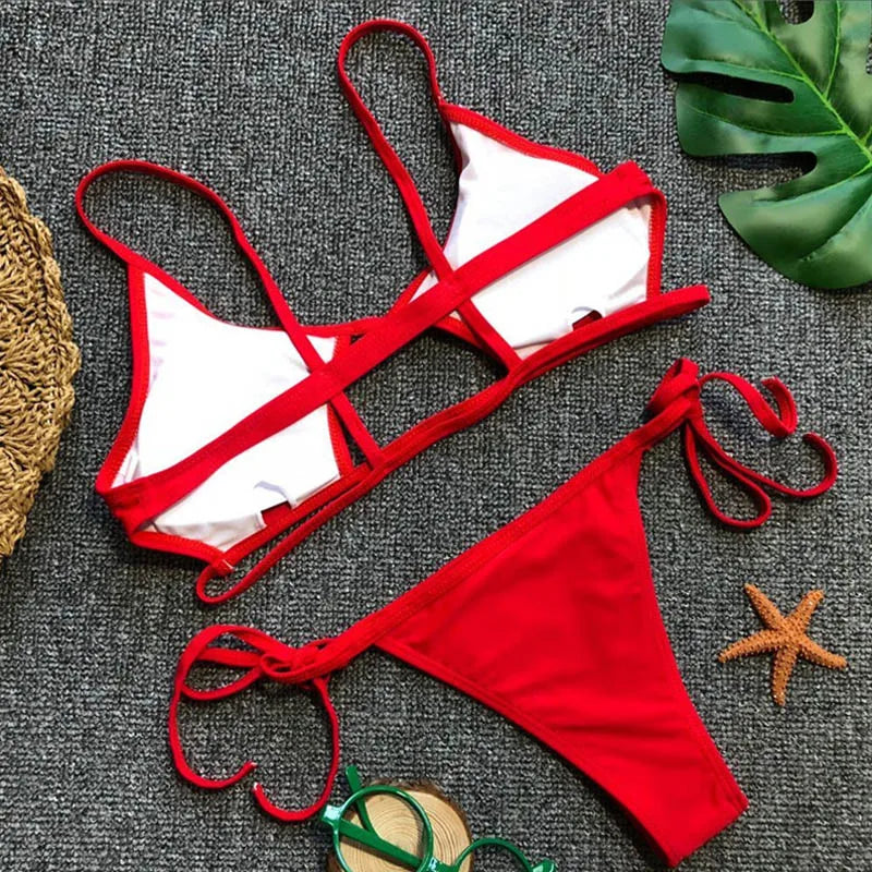 Ausgehöhlter Roter Sexy Bikini Set 2025: String Push Up Gebunden Thong - Frauen Schwimmbekleidung Brasilianischer Bikini Badeanzug Schwimm Wear Atemberaubend