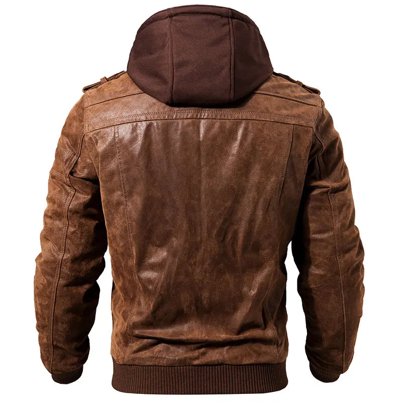 FLAVOR Herren Lederjacke Männer Motorrad Abnehmbarer Kapuz Wintermantel Männer Warme Echte Lederjacken