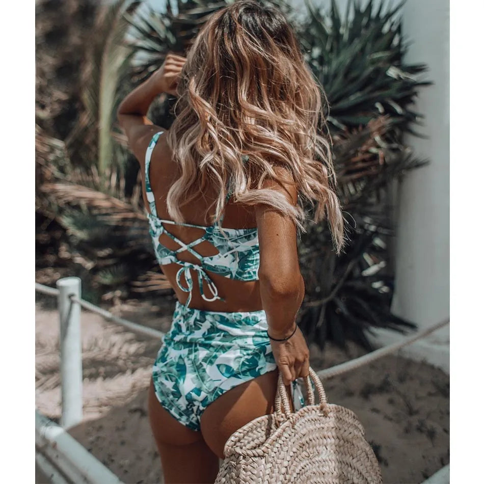 High Waist Schwimmbekleidung 2025 Neuer Blatt Druck Bikinis Frauen Schwimmanzug Vintage Retro Badeanzug Halter Biquini Maillot de bain femme