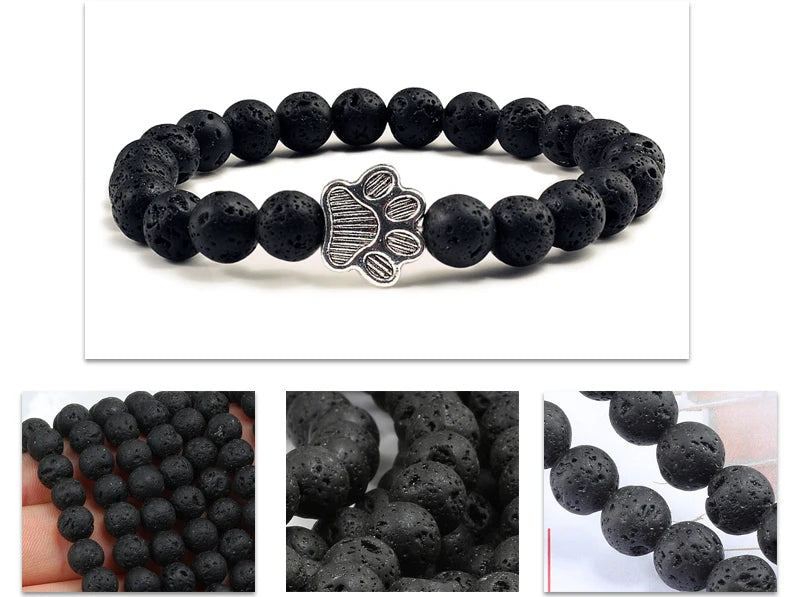 Natural Matte Black Lava Volcanic Stone Paw Print Charm Bracelet Homme Femme Pet Memorial Cat Dog Lovers Jewelry Bracelets Gifts