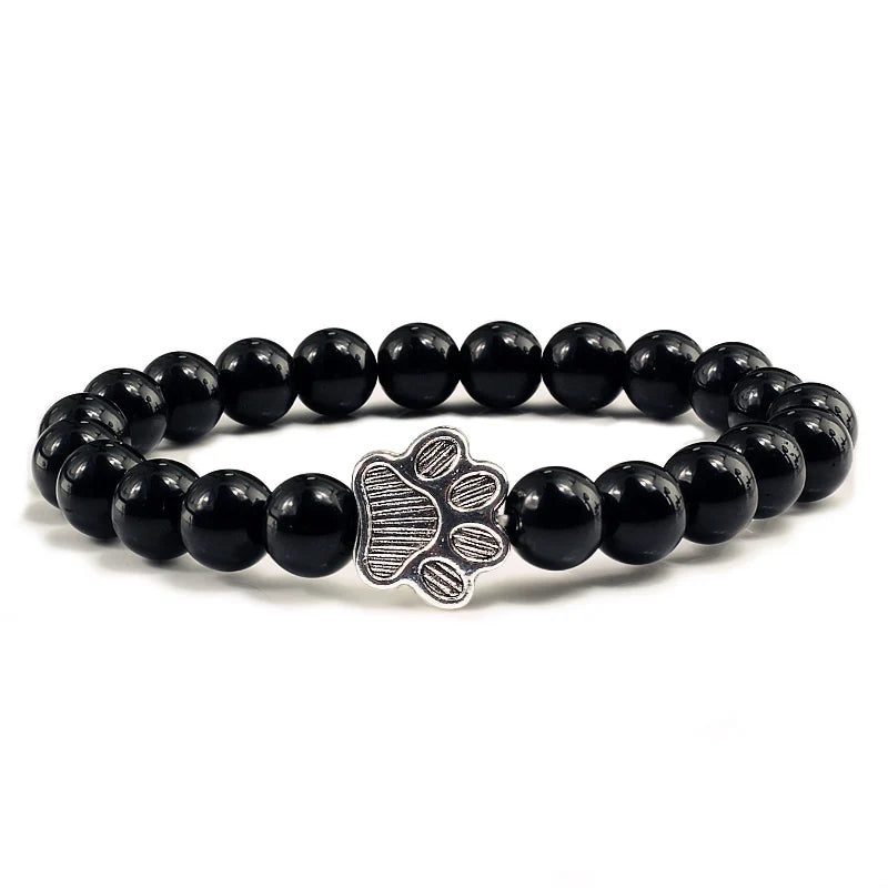 Natürlich Matt Schwarz Lava Vulkanstein: Reliatonny Pfoten Druck Armband Homme Femme - Haustier Gedenkstätte Katze Hund Liebhaber Schmuck Unisex Strand