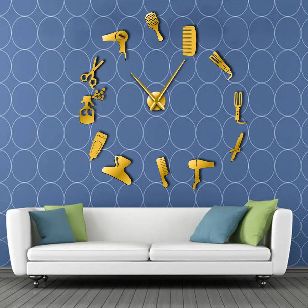 DIY Barber Shop Giant Wall Clock With Mirror Effect Barber Toolkits Decorative Frameless Watch Hairdresser Barber Wall Art Decor