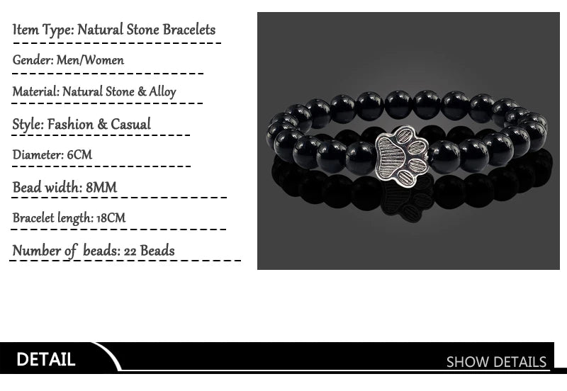 Natural Matte Black Lava Volcanic Stone Paw Print Charm Bracelet Homme Femme Pet Memorial Cat Dog Lovers Jewelry Bracelets Gifts
