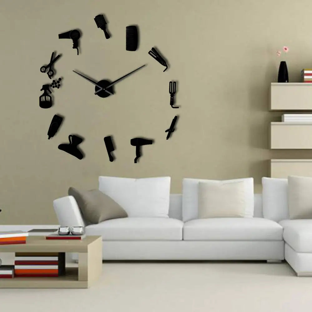 DIY Barber Shop Giant Wall Clock With Mirror Effect Barber Toolkits Decorative Frameless Watch Hairdresser Barber Wall Art Decor
