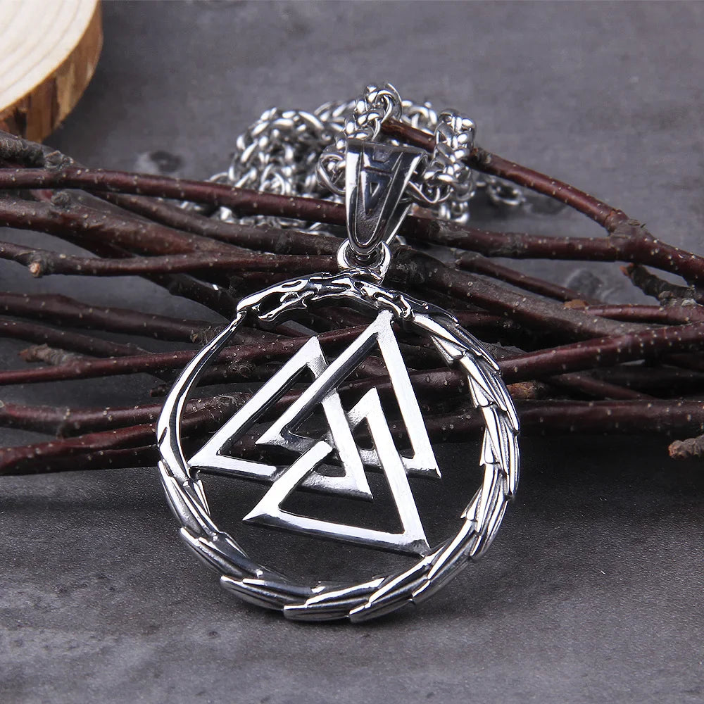 Viking dragon ouroboros necklace stainless steel valknut pendant