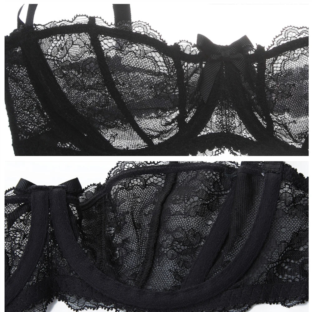CYHWR Luxury Half Cup Lace Transparent Sexy Lingerie Ultra-thin Solid Shell Style 4 Pieces/Lots Bra Set and Garter and Stocking