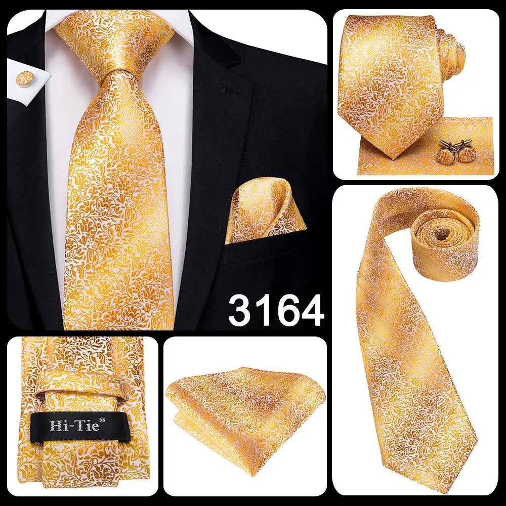 Hi-Tie Seiden-Herren-Krawatten-Set Blumenmuster Gelb Gold Krawatten und Taschentücher Manschettenknöpfe-Set Herren-Hochzeits-Party-Anzug-Mode-Halskrawatte C-3053