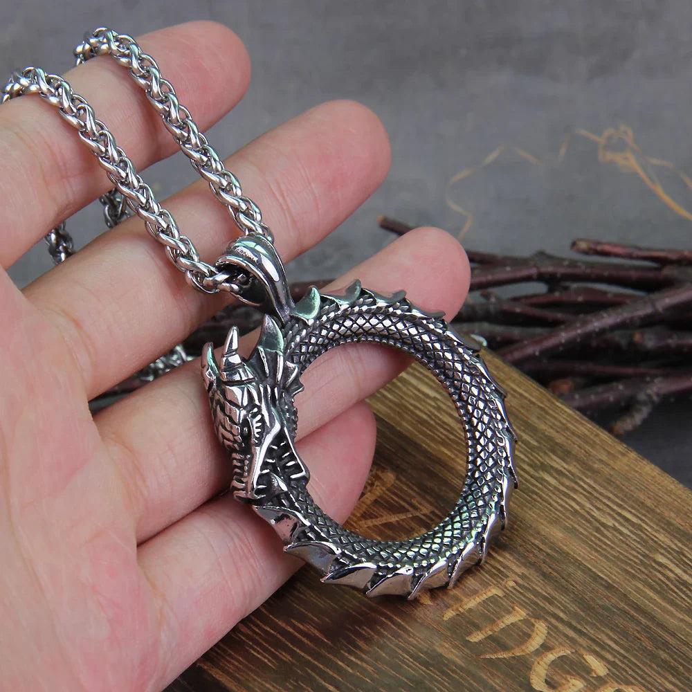 Viking dragon ouroboros necklace stainless steel valknut pendant