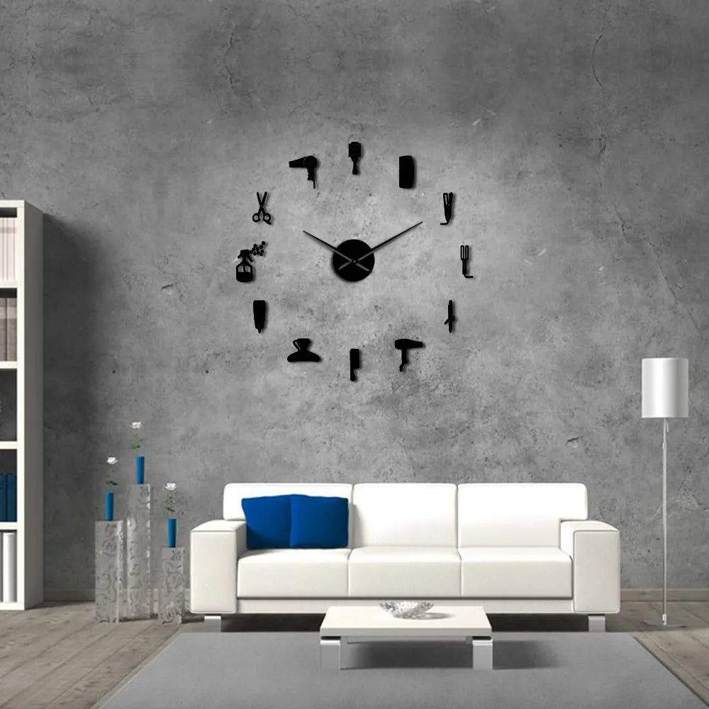 DIY Barber Shop Giant Wall Clock With Mirror Effect Barber Toolkits Decorative Frameless Watch Hairdresser Barber Wall Art Decor