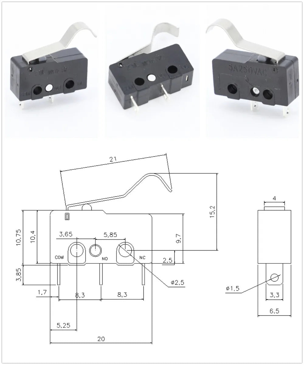10x Mikroschalter KW11-3Z 5A 250V - Mini Endschalter NO/NC mit Rollenhebel