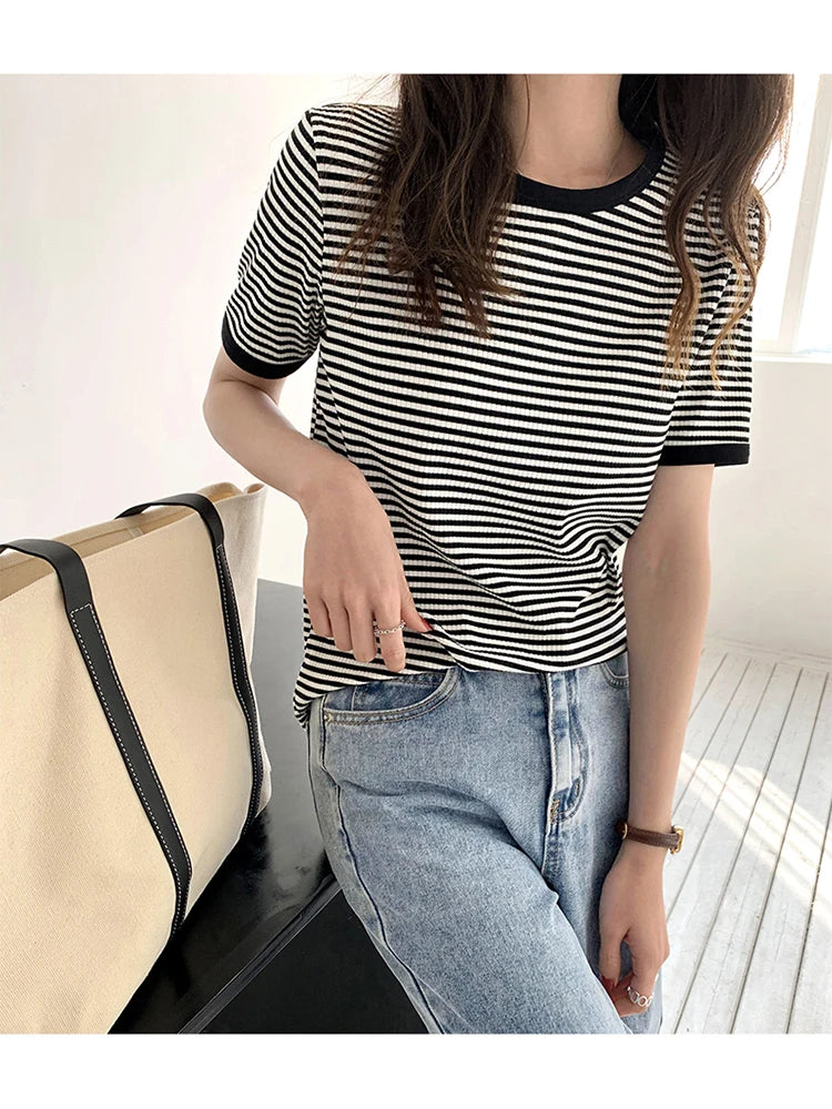 T Shirt For Women 2023 Tops Mujer Striped Short Sleeve Summer Korean Fashion T-shirts Casual O Neck Tshirts Tee Shirt Femme Top