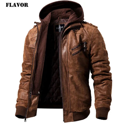 FLAVOR Herren Lederjacke Männer Motorrad Abnehmbarer Kapuz Wintermantel Männer Warme Echte Lederjacken