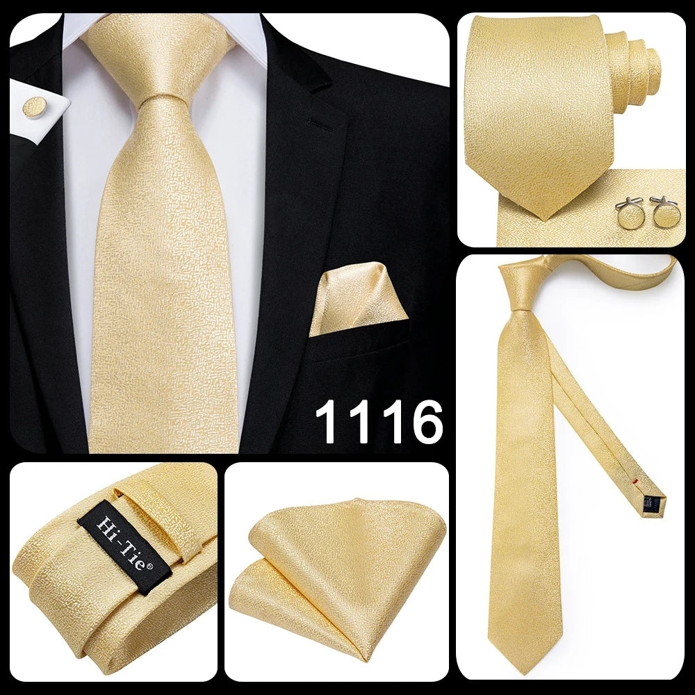 Hi-Tie Seiden-Herren-Krawatten-Set Blumenmuster Gelb Gold Krawatten und Taschentücher Manschettenknöpfe-Set Herren-Hochzeits-Party-Anzug-Mode-Halskrawatte C-3053