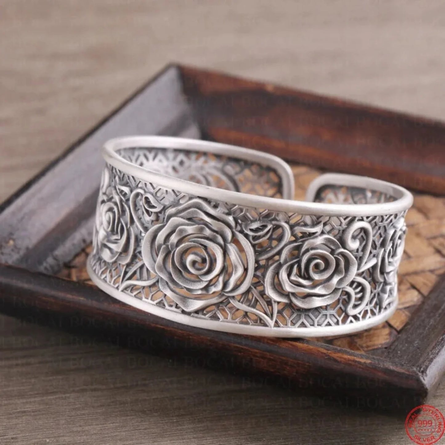 Handcrafted s999 sterling silver rose filigree bangle wide bracelet unique artisan design