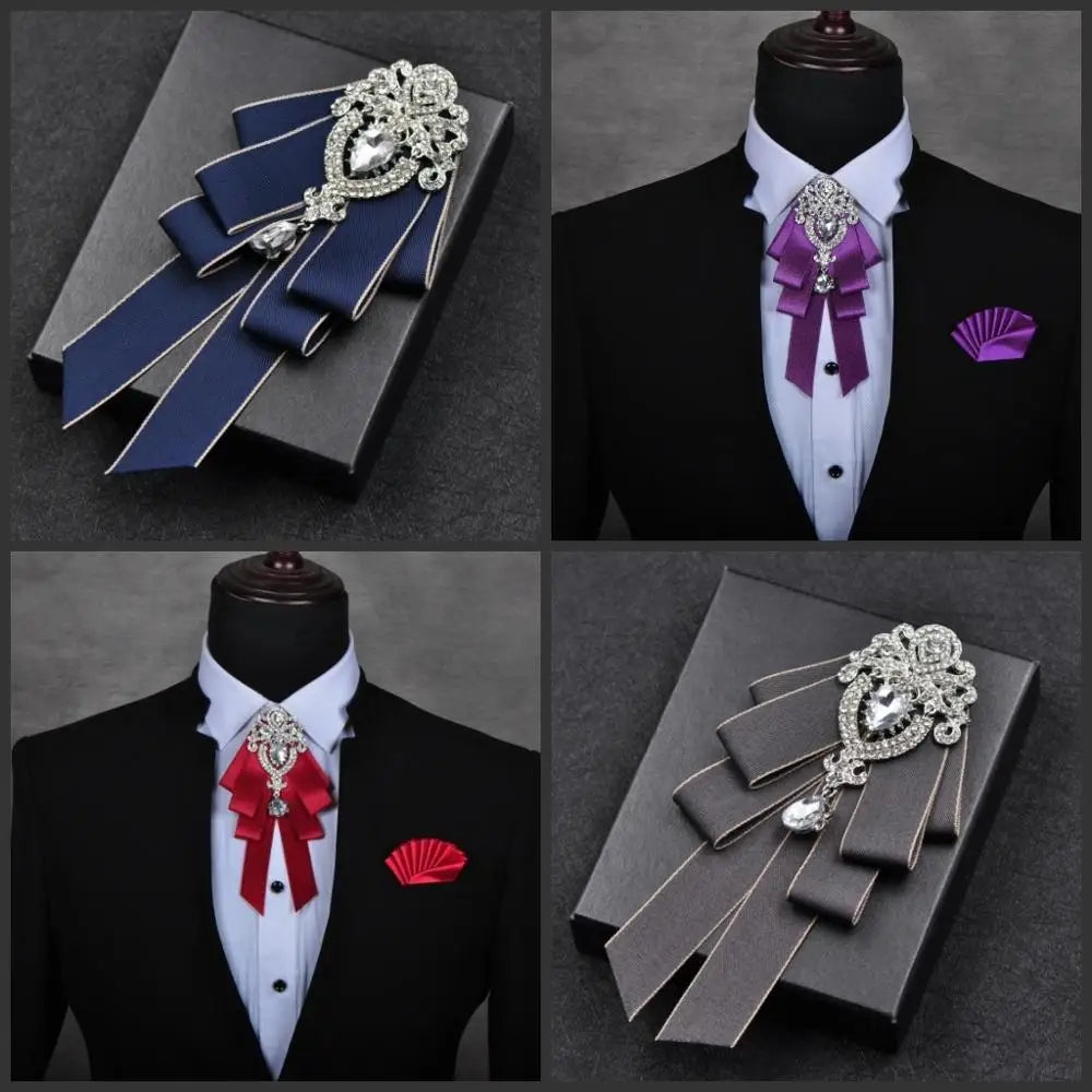 Fashion Handmade Bow Tie Wedding Collar Luxury Rhinestone Bowtie Necktie Brooch Pocket Towel Square Set Gift for Men Accessories