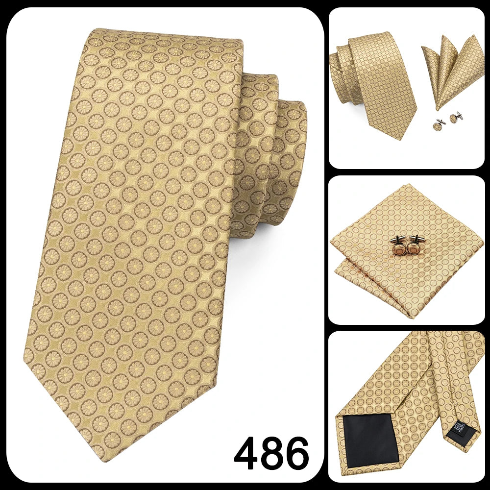 Hi-Tie Seiden-Herren-Krawatten-Set Blumenmuster Gelb Gold Krawatten und Taschentücher Manschettenknöpfe-Set Herren-Hochzeits-Party-Anzug-Mode-Halskrawatte C-3053