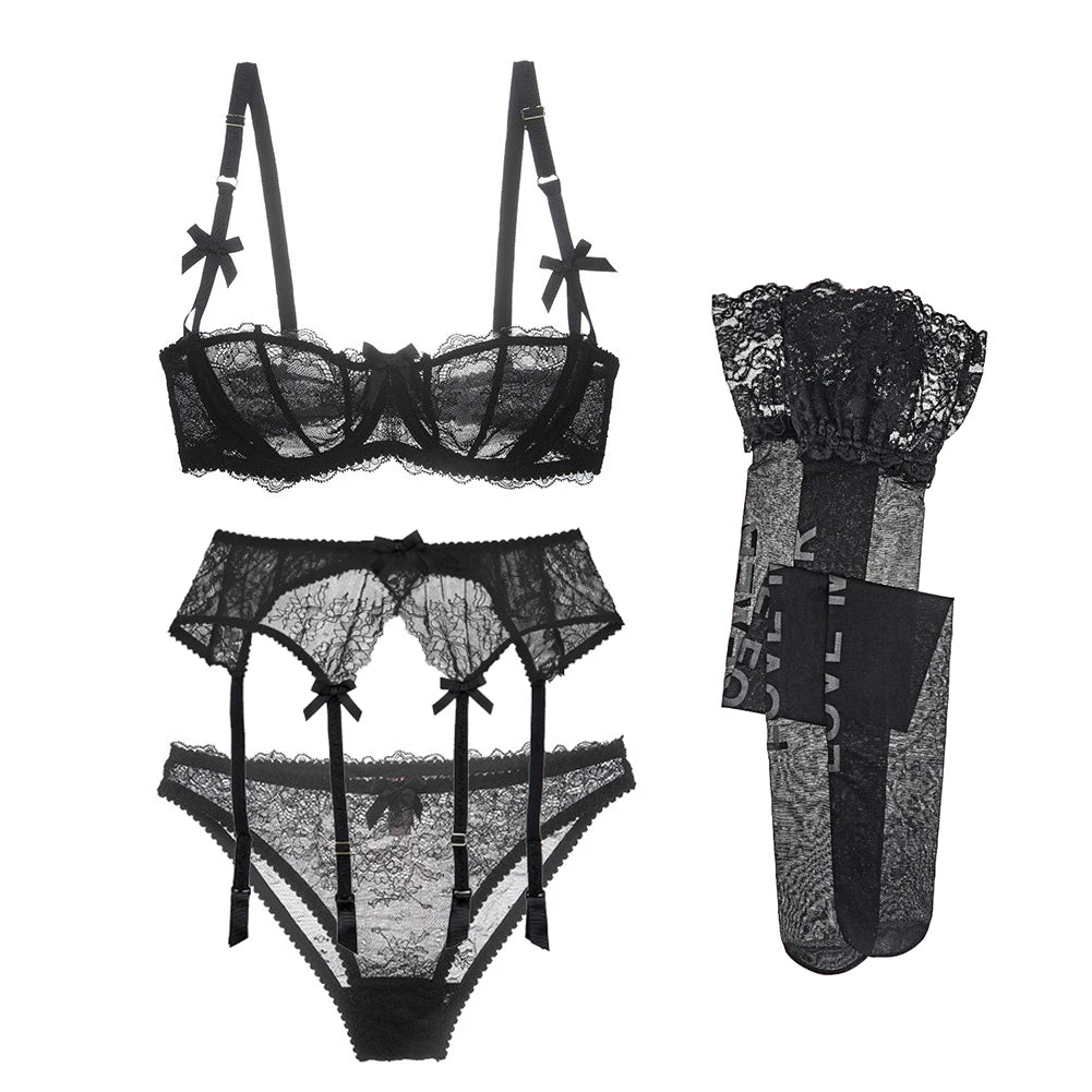CYHWR Luxury Half Cup Lace Transparent Sexy Lingerie Ultra-thin Solid Shell Style 4 Pieces/Lots Bra Set and Garter and Stocking