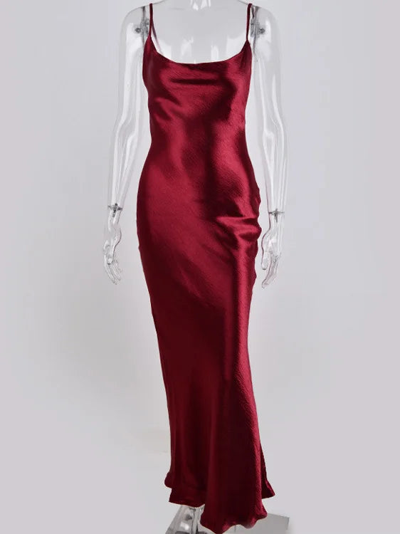 JULISSA MO Elegant Spaghetti Kleid - Rückenfrei Satin Maxi