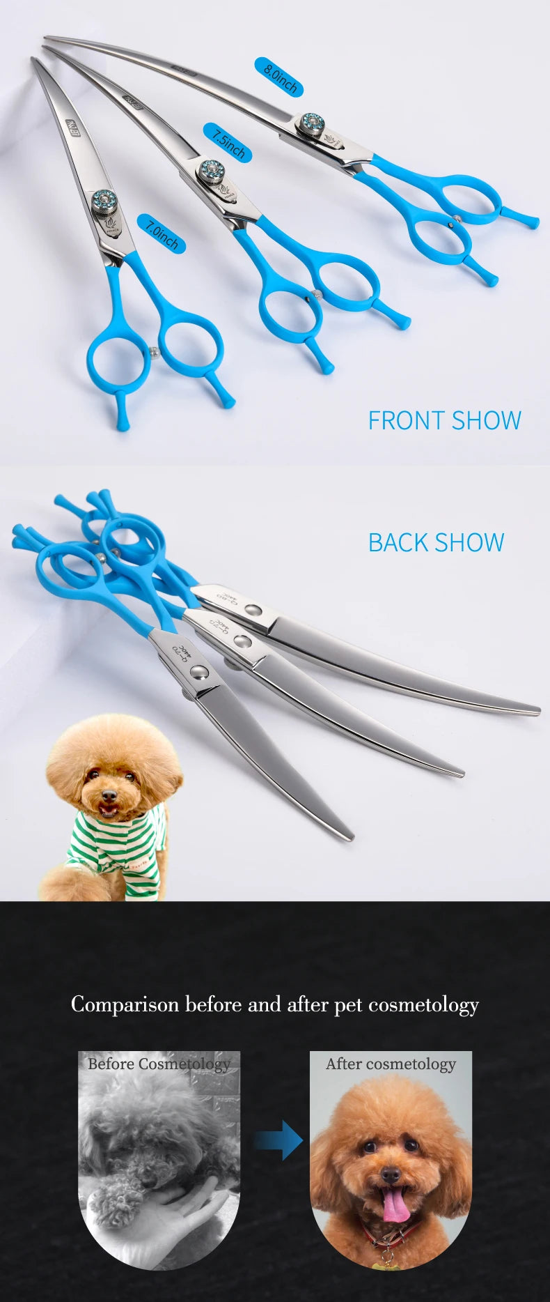 Fenice Professionell Schwarz Pflege Schere 2025: 7.0-8.0 Zoll Gebogen JP 440C Edelstahl - Teddy Pomeranian Hunde Haustier Pflege Werkzeuge Grooming