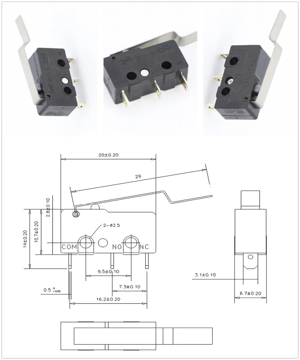 10x Mikroschalter KW11-3Z 5A 250V - Mini Endschalter NO/NC mit Rollenhebel