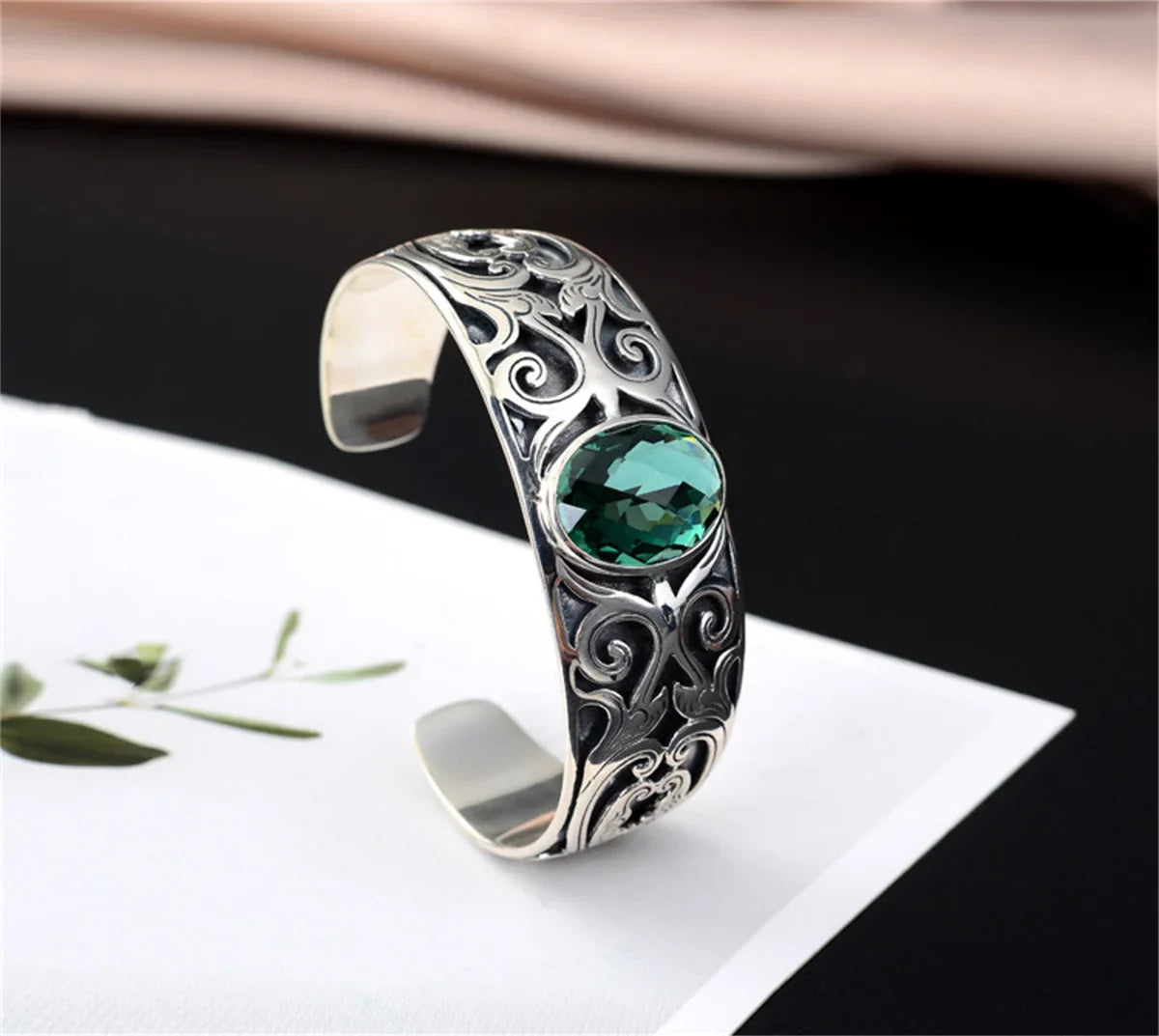 925 sterling silver vine totem charm with green crystal  handcrafted bangle gift
