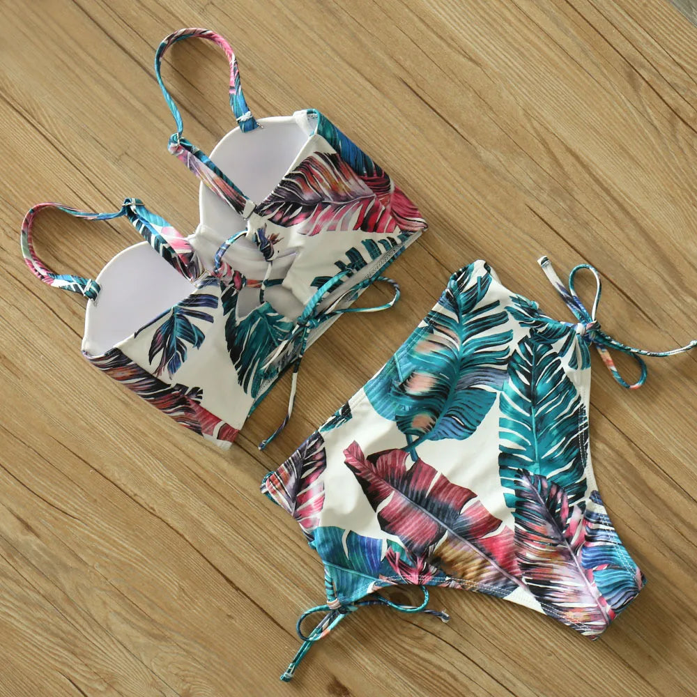High Waist Schwimmbekleidung 2025: Underwire-Support Mori Girl Style sporlike - Neuer Blatt Druck Vintage Retro Badeanzug Halter Polsterung