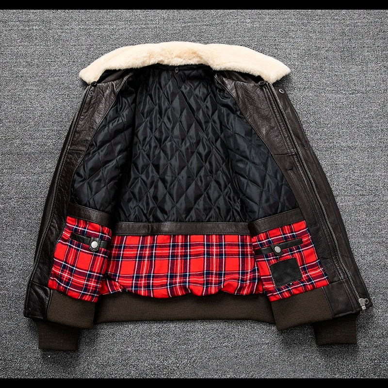 Air Force Flight Jacket Fur Collar Genuine Top Layer Cow Leather Jacket Men Black Brown Cow Coat Men's Winter Jacket