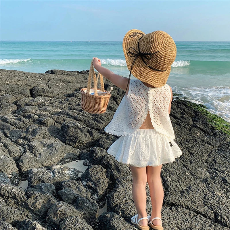 Girls Outfit Set 2022 Summer Clothing Sets Hollow Lace Suit Baby Casual Sleeveless T-shirt+Shorts Kids Clothes Sets Baby Clothes