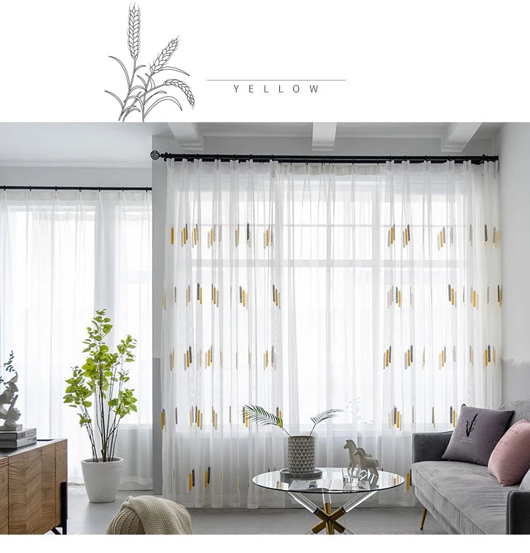 Embroidered Sheer Curtains Modern Gauze Curtain Yellow Living Room Blue Bedroom White Yarn Window Tulle Curtains