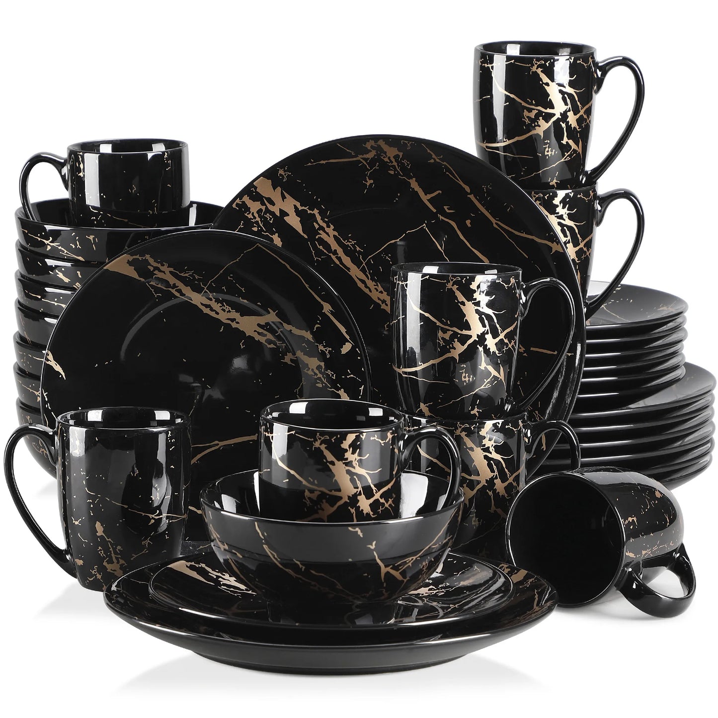 LOVECASA 16/32/48 Stück schwarzes blaues Porzellan-Dinnerware-Set, Design von Gold Splash, mit Dinner-Plate, Cake-plate, Bowls, Coffee Cups