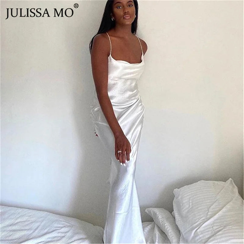 JULISSA MO Elegant Spaghetti Kleid - Rückenfrei Satin Maxi