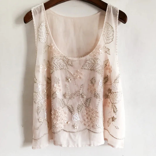 Women Floral Beaded Loose Vest Sleeveless Shirt Summer U-Neck Flowers Embroidered Sequined Chiffon Blouses Shiny Gauze Tank Tops