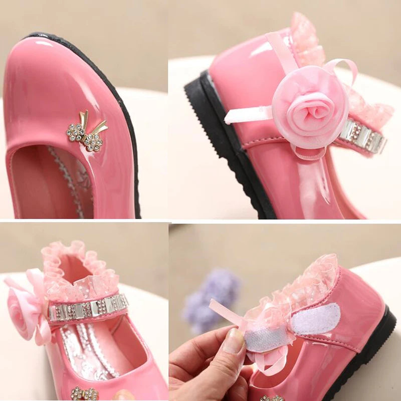 Blumen Mädchen Schuhe 2025 - Frühling Herbst Prinzessin Spitze PU Leder - Süße Schleife Strass 3-11 Jahre Kleinkind