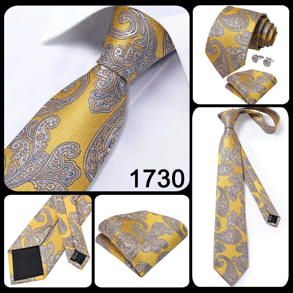 Hi-Tie Seiden-Herren-Krawatten-Set Blumenmuster Gelb Gold Krawatten und Taschentücher Manschettenknöpfe-Set Herren-Hochzeits-Party-Anzug-Mode-Halskrawatte C-3053