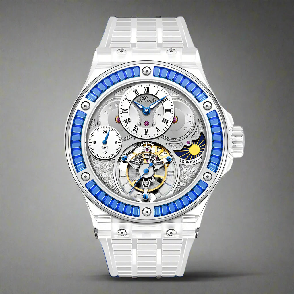 GMT Haofa tourbillon timepiece k9 crystal body sapphire lens day night feature watch