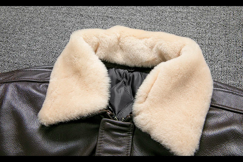 Air Force Flight Jacket Fur Collar Genuine Top Layer Cow Leather Jacket Men Black Brown Cow Coat Men's Winter Jacket