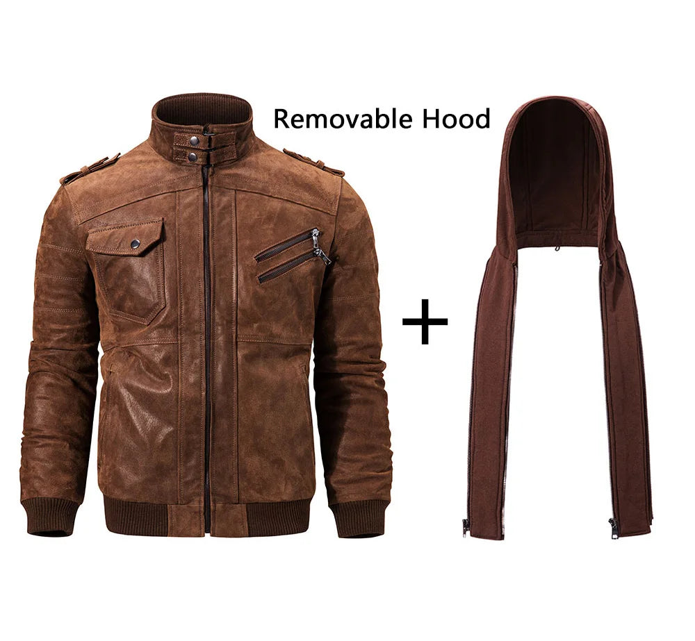 FLAVOR Herren Lederjacke Männer Motorrad Abnehmbarer Kapuz Wintermantel Männer Warme Echte Lederjacken