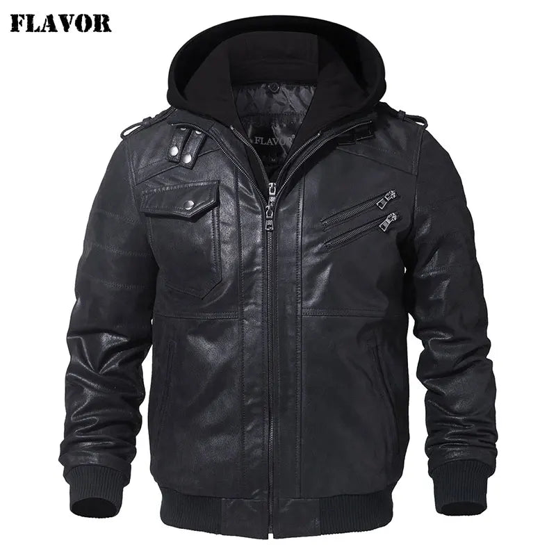 FLAVOR Herren Lederjacke Männer Motorrad Abnehmbarer Kapuz Wintermantel Männer Warme Echte Lederjacken