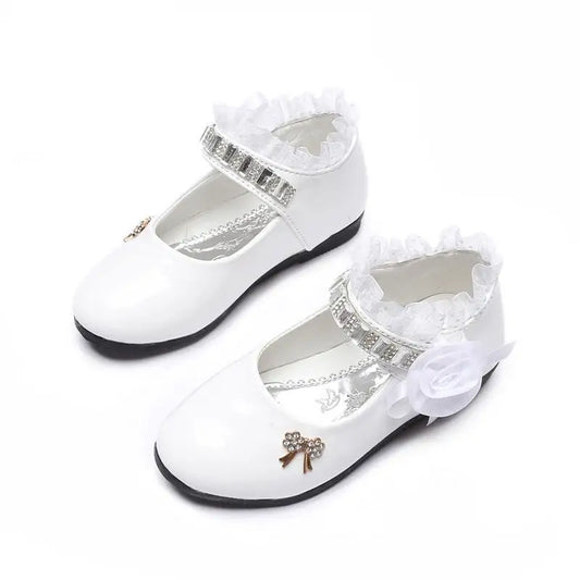 Blumen Mädchen Schuhe 2025 - Frühling Herbst Prinzessin Spitze PU Leder - Süße Schleife Strass 3-11 Jahre Kleinkind