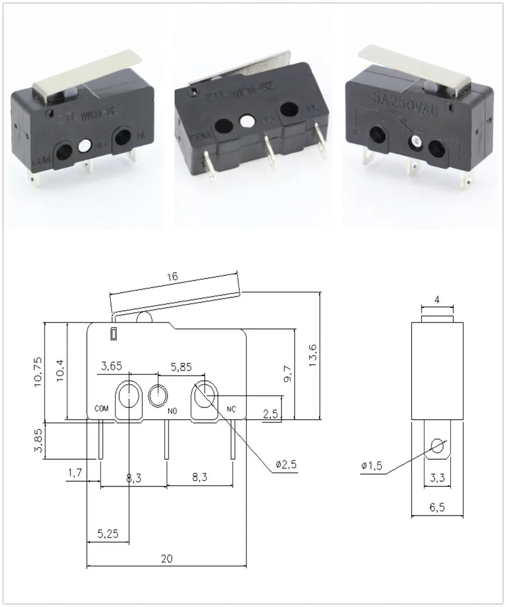 10x Mikroschalter KW11-3Z 5A 250V - Mini Endschalter NO/NC mit Rollenhebel