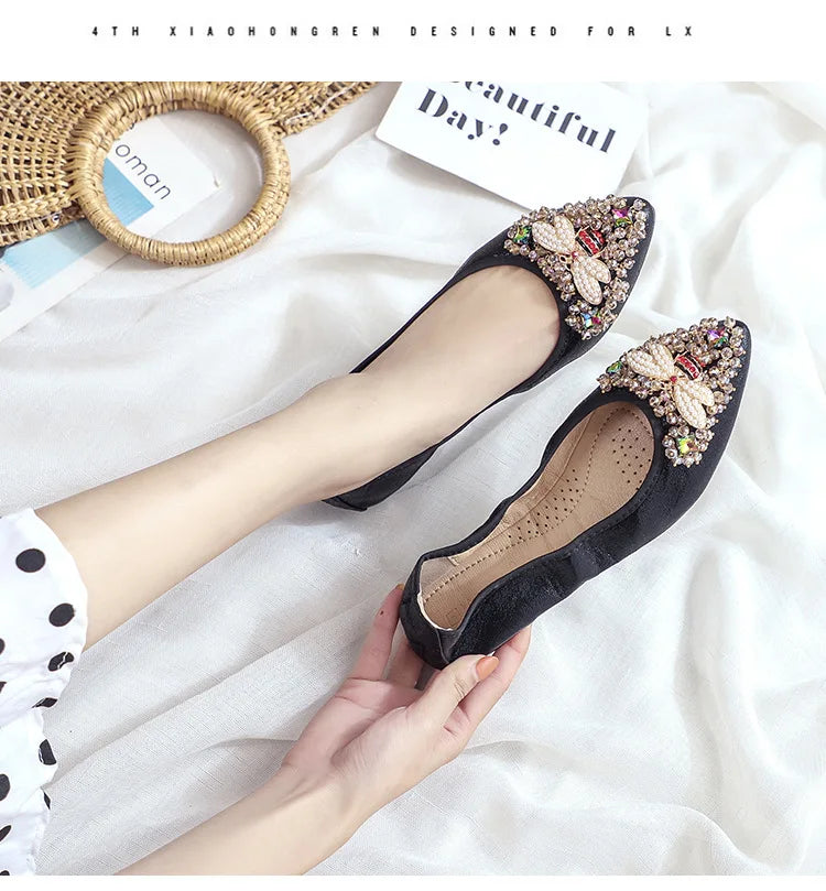 Elegant Women Shoes 2023 Spring Flats Shoes Woman Soft Comfortable Silk Rhinestone Summer Ladies Single Shoes zapatos de mujer
