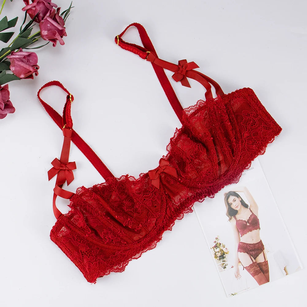 CYHWR Luxury Half Cup Lace Transparent Sexy Lingerie Ultra-thin Solid Shell Style 4 Pieces/Lots Bra Set and Garter and Stocking