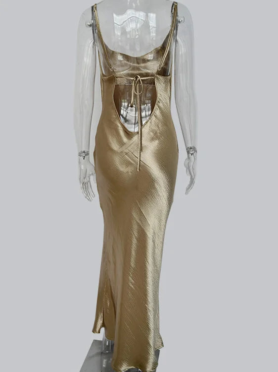 JULISSA MO Elegant Spaghetti Kleid - Rückenfrei Satin Maxi