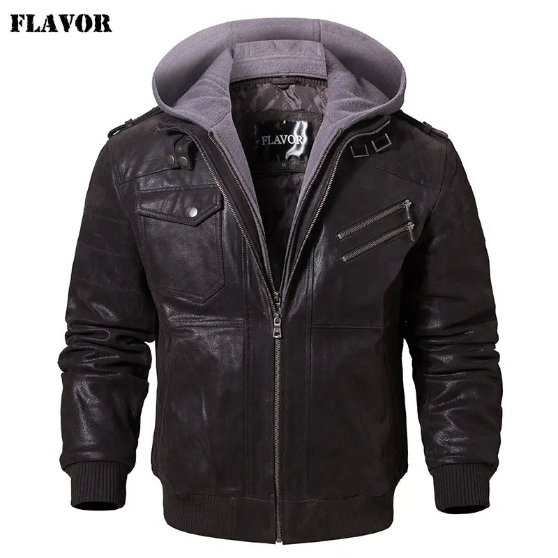 FLAVOR Herren Lederjacke Männer Motorrad Abnehmbarer Kapuz Wintermantel Männer Warme Echte Lederjacken