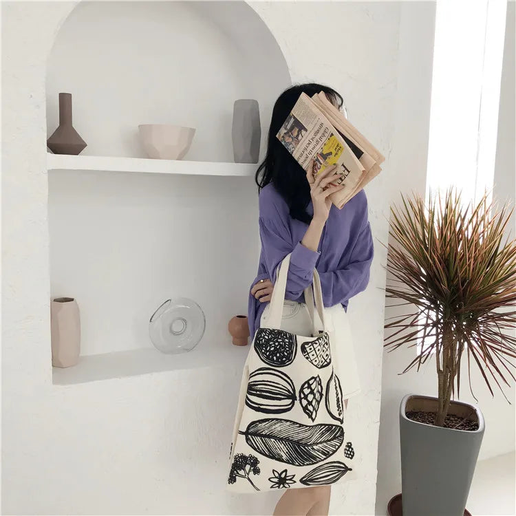 Frauen Canvas Schultertasche Blattmuster Damen Große Einkaufstaschen Eco Baumwolle Leinenstoff Große Handtasche Cute Books Tote Für Mädchen