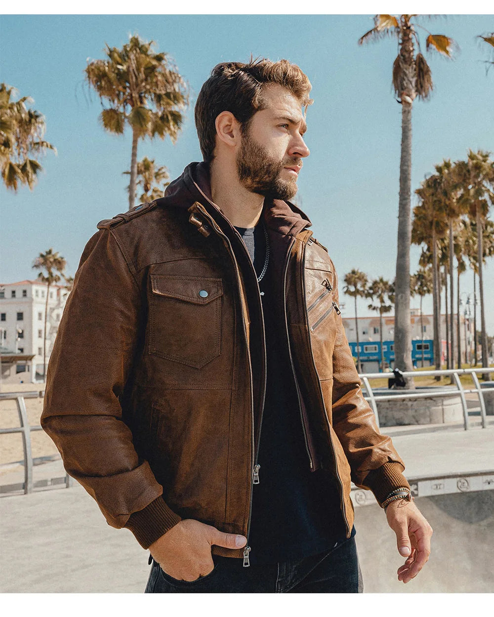 FLAVOR Herren Lederjacke Männer Motorrad Abnehmbarer Kapuz Wintermantel Männer Warme Echte Lederjacken